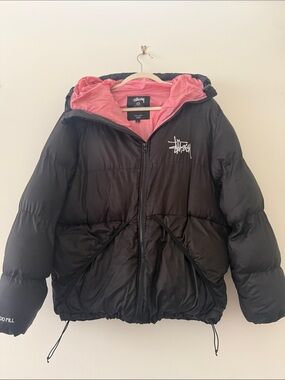 Stussy Black Puffer Jacket with Pink interior